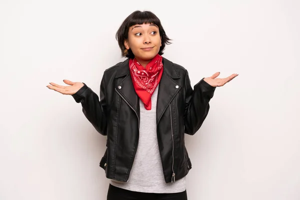 Woman Leather Jacket Handkerchief Having Doubts While Raising Hands Shoulders — Stock Photo, Image