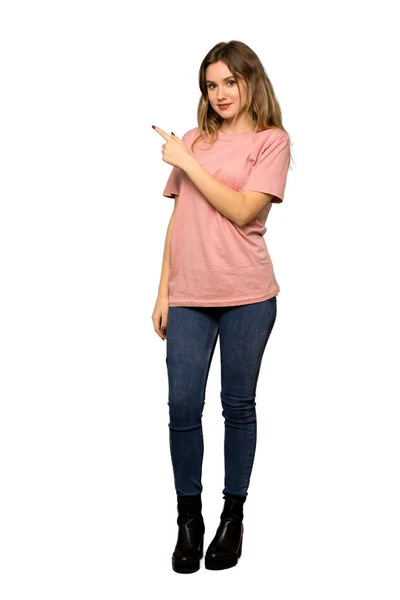 Full Length Shot Teenager Girl Pink Sweater Pointing Side Present — Stock Photo, Image