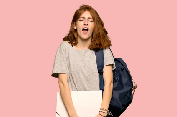 Young Redhead Student Shouting Front Mouth Wide Open Pink Background — Stock Photo, Image