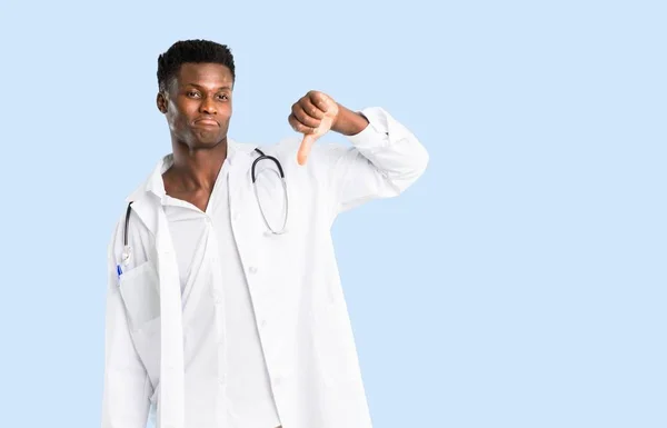 African American Doctor Showing Thumb Sign Negative Expression Sad Expression — Stock Photo, Image