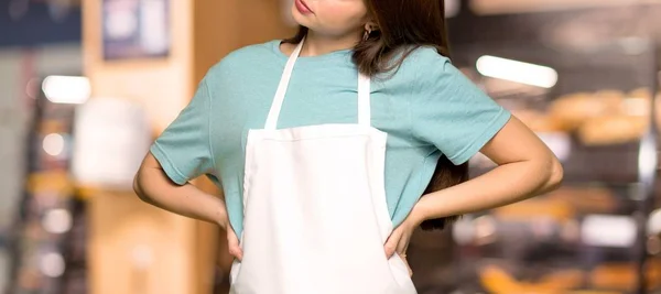 Girl Apron Suffering Backache Having Made Effort Bakery — Stock Photo, Image