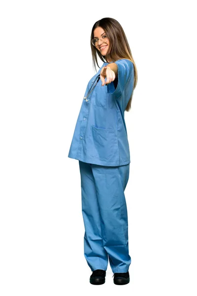 Full Body Young Nurse Points Finger You Confident Expression — Stock Photo, Image