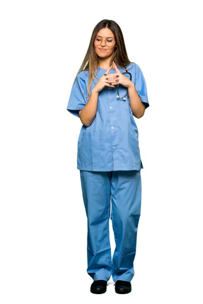Hela Kroppen Ung Sjuksköterska Intrigerande Något — Stockfoto