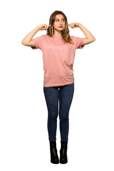 Full Length Shot Teenager Girl Pink Sweater Covering Mouth Hands — Stock Photo, Image