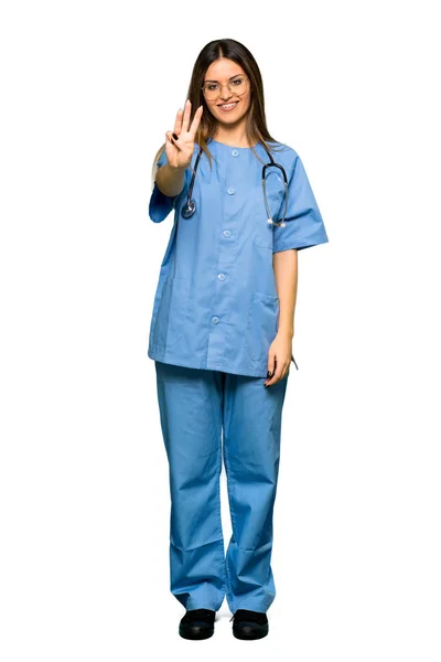 Corpo Inteiro Jovem Enfermeira Feliz Contando Três Com Dedos — Fotografia de Stock
