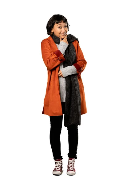 Full Length Shot Short Hair Woman Coat Thinking Isolated White — Stock Photo, Image