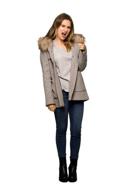 Full Length Shot Teenager Girl Coat Frustrated Bad Situation Pointing — Stock Photo, Image
