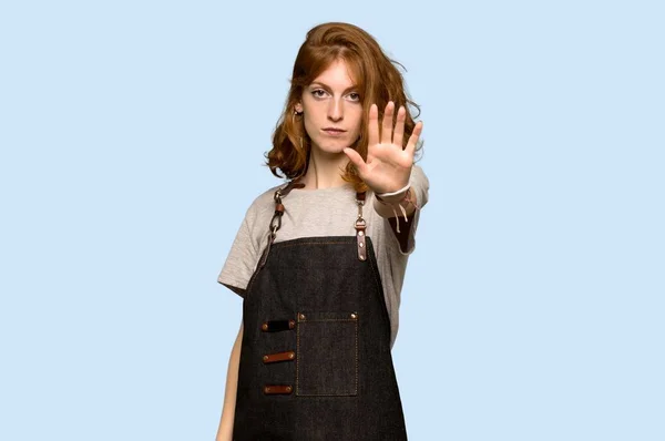 Young Redhead Woman Apron Making Stop Gesture Denying Situation Thinks — Stock Photo, Image