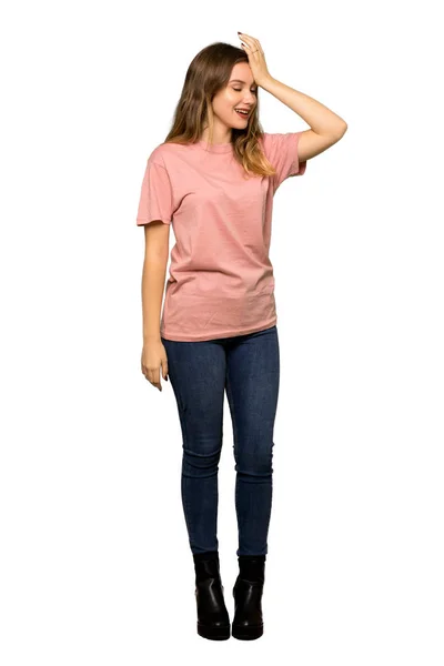 Full Length Shot Teenager Girl Pink Sweater Intending Realizes Solution — Stock Photo, Image