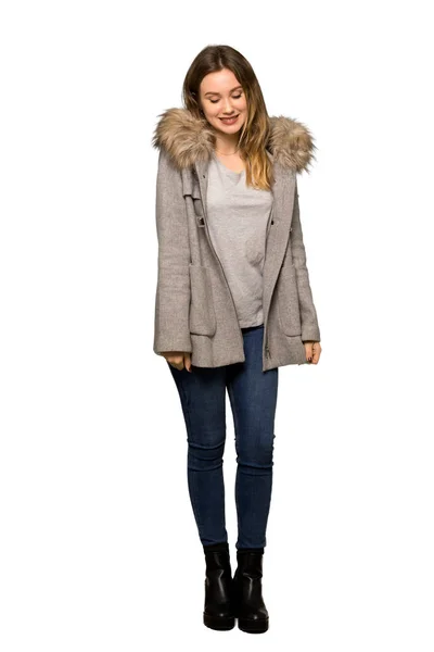 Full Length Shot Teenager Girl Coat Happy Smiling Isolated White — Stock Photo, Image