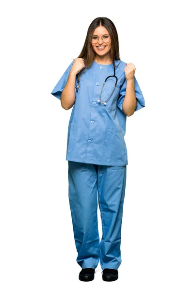 Full Body Young Nurse Celebrating Victory Winner Position — Stock Photo, Image