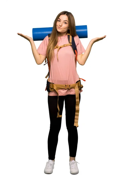 Full Body Young Backpacker Woman Having Doubts While Raising Hands — Stock Photo, Image