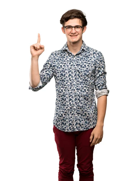 Adolescente Homem Com Camisa Flor Óculos Mostrando Levantando Dedo Sinal — Fotografia de Stock