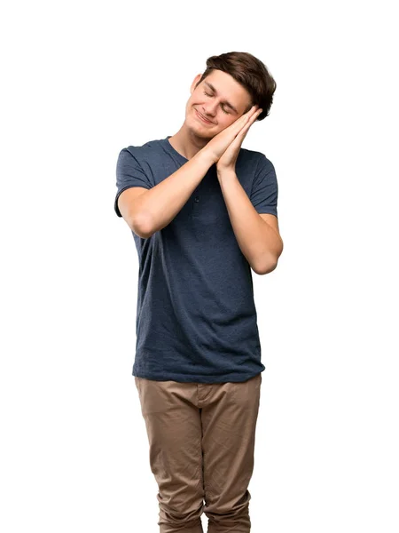 Adolescente Homem Fazendo Gesto Sono Dorable Expressão Sobre Isolado Fundo — Fotografia de Stock