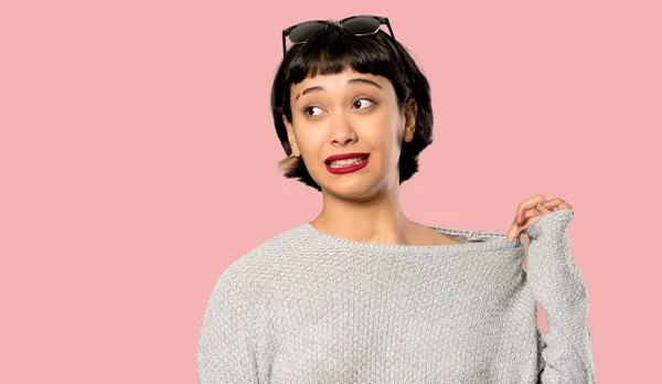 Young Woman Short Hair Tired Sick Expression Isolated Pink Background — Stock Photo, Image