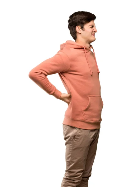 Teenager Mann Mit Sweatshirt Leidet Unter Rückenschmerzen Weil Sich Über — Stockfoto