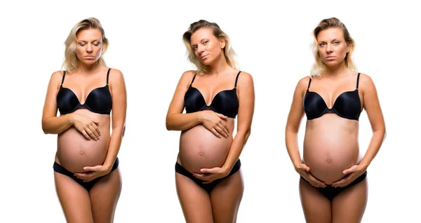 Conjunto de mulher grávida loira em roupa interior — Fotografia de Stock