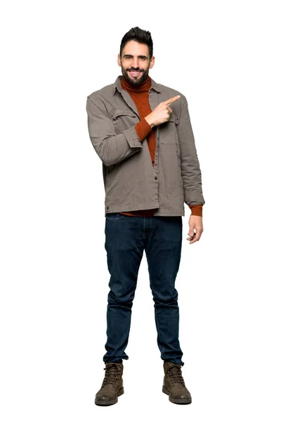 Full Length Shot Handsome Man Beard Pointing Side Present Product — Stock Photo, Image