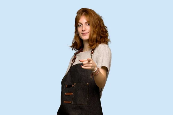 Young Redhead Woman Apron Points Finger You Confident Expression Blue — Stock Photo, Image