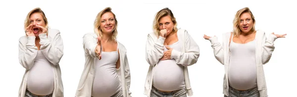 Conjunto de Mujer rubia embarazada con sudadera blanca sufriendo ingenio —  Fotos de Stock