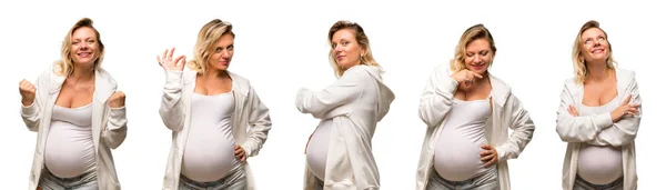 Conjunto de mulher loira grávida com camisola branca olhando para cima, d — Fotografia de Stock