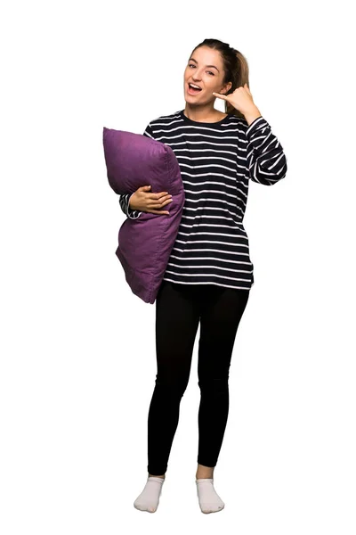 Full Body Pretty Woman Pajamas Making Phone Gesture Call Back — Stock Photo, Image