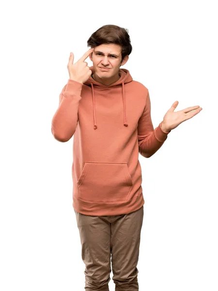 Hombre Adolescente Con Sudadera Haciendo Gesto Locura Poniendo Dedo Cabeza — Foto de Stock