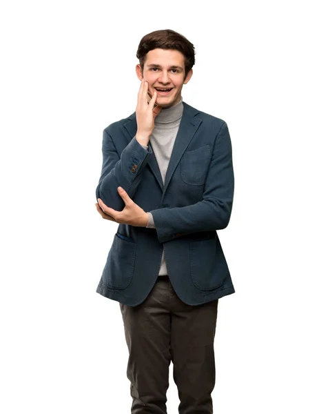 Tiener Man Met Coltrui Verrast Geschokt Terwijl Rechts Geïsoleerde Witte — Stockfoto