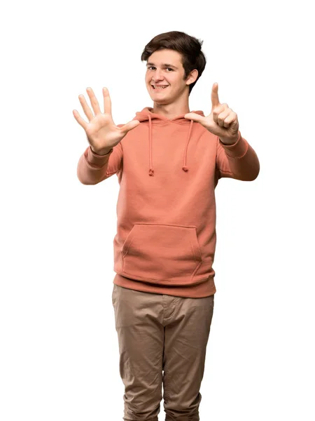 Teenager Mann Mit Sweatshirt Der Mit Den Fingern Sieben Zählt — Stockfoto