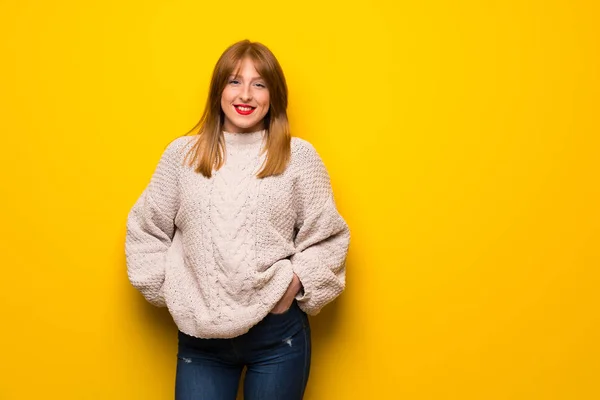 Redhead Woman Yellow Wall Laughing Looking Front — Stock Photo, Image