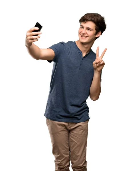 Tinédzser Ember Hogy Egy Selfie Elszigetelt Fehér Háttér — Stock Fotó