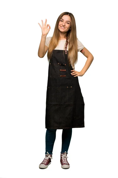 Full Body Young Woman Apron Showing Sign Fingers Isolated Background — Stock Photo, Image
