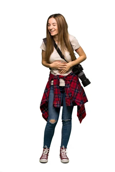Full Body Young Photographer Woman Smiling Lot While Putting Hands — Stock Photo, Image