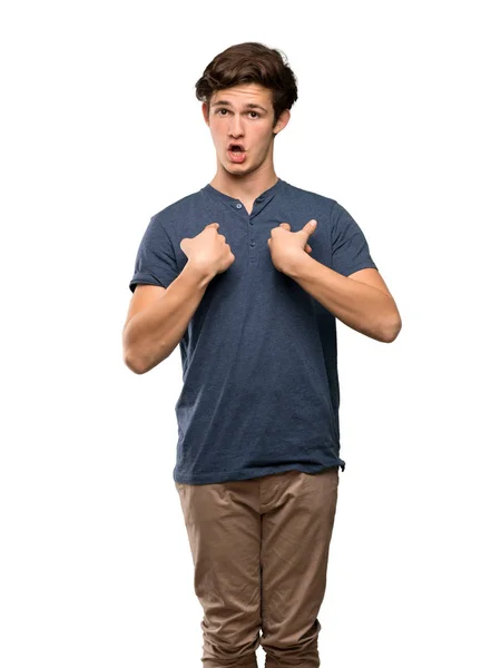Hombre Adolescente Con Expresión Facial Sorpresa Sobre Fondo Blanco Aislado — Foto de Stock
