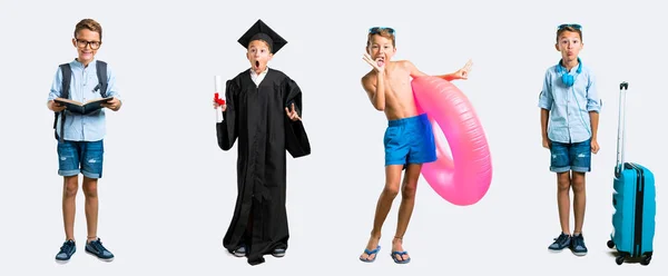 Set Student Traveller Kid Makes Funny Crazy Face Emotion — Stock Photo, Image