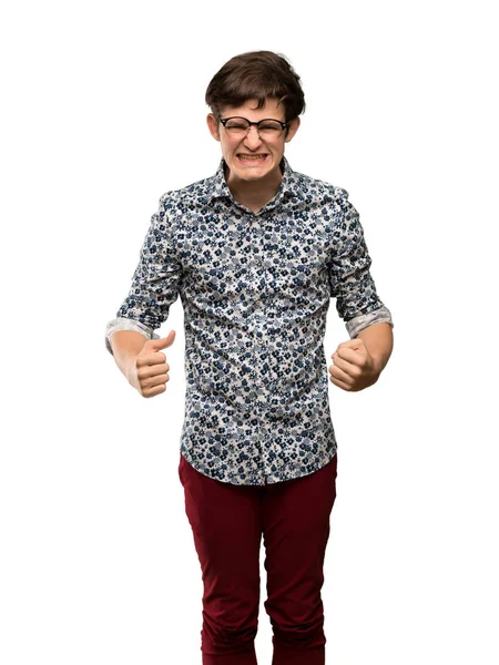 Tonåringen Mannen Med Blomman Skjorta Och Glasögon Frustrerad Dålig Situation — Stockfoto