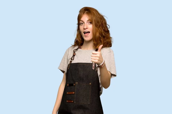 Young Redhead Woman Apron Giving Thumbs Gesture Because Something Good — Stock Photo, Image