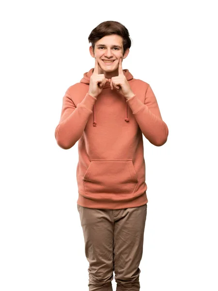 Teenager Man Sweatshirt Smiling Happy Pleasant Expression Isolated White Background — Stock Photo, Image