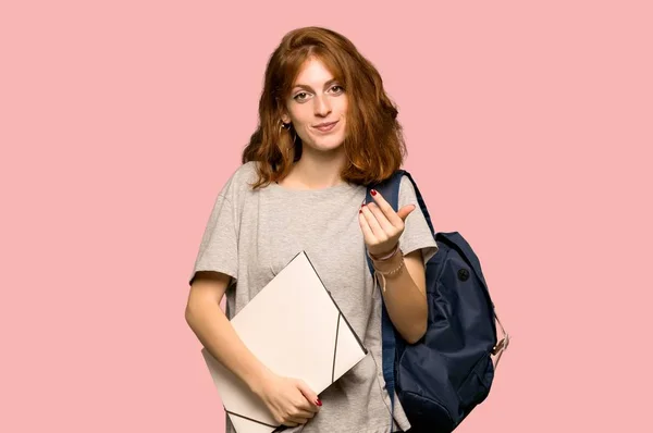 Junge Rothaarige Studentin Lädt Ein Mit Hand Kommen Glücklich Dass — Stockfoto