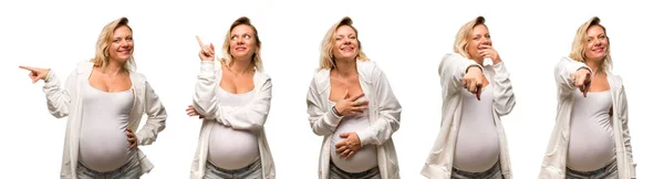Hamile sarışın kadın gülüyor, beyaz kazak ile thi ayarla — Stok fotoğraf