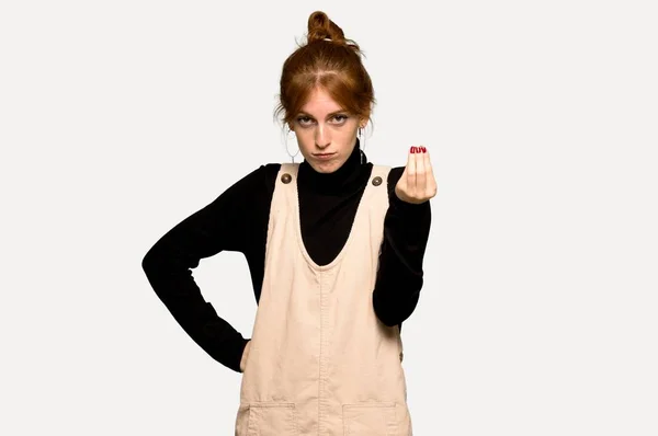 Young Redhead Woman Making Italian Gesture Grey Background — Stock Photo, Image