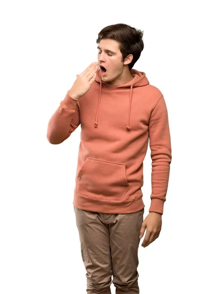 Homme Adolescent Avec Sweat Shirt Bâillant Couvrant Bouche Grande Ouverte — Photo