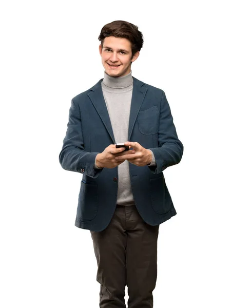 Mężczyzna Nastolatek Golfem Wysłanie Wiadomości Telefonu Białym Tle — Zdjęcie stockowe