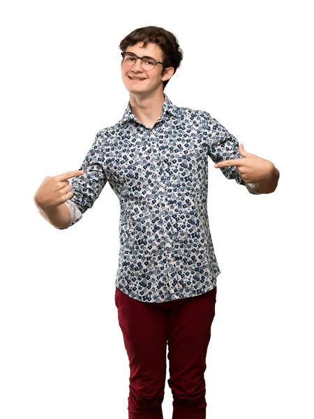 Teenager Man Flower Shirt Glasses Proud Self Satisfied Isolated White — Stock Photo, Image