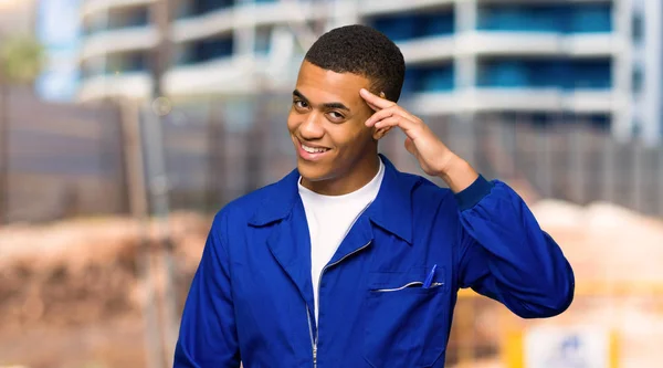 Young Afro American Worker Man Saluting Hand Construction Site — Stock Photo, Image