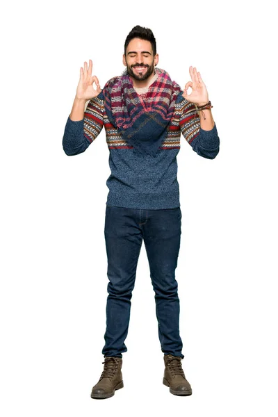 Full Length Shot Hippie Man Zen Pose Isolated White Background — Stock Photo, Image