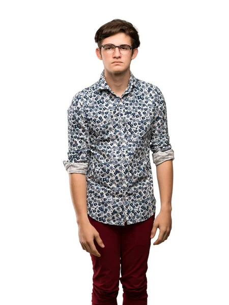 Подросток Цветочной Рубашке Очках Портрет Изолированном Белом Фоне — стоковое фото