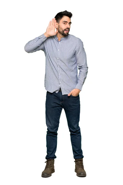 Foto Cuerpo Entero Hombre Elegante Con Camisa Escuchando Algo Poniendo — Foto de Stock