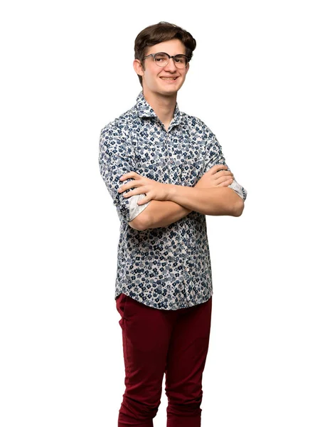 Tonåringen Mannen Med Blomman Skjorta Och Glasögon Med Armar Korsade — Stockfoto