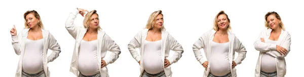 Schwangere blonde Frau mit weißem Sweatshirt hat Zweifel — Stockfoto